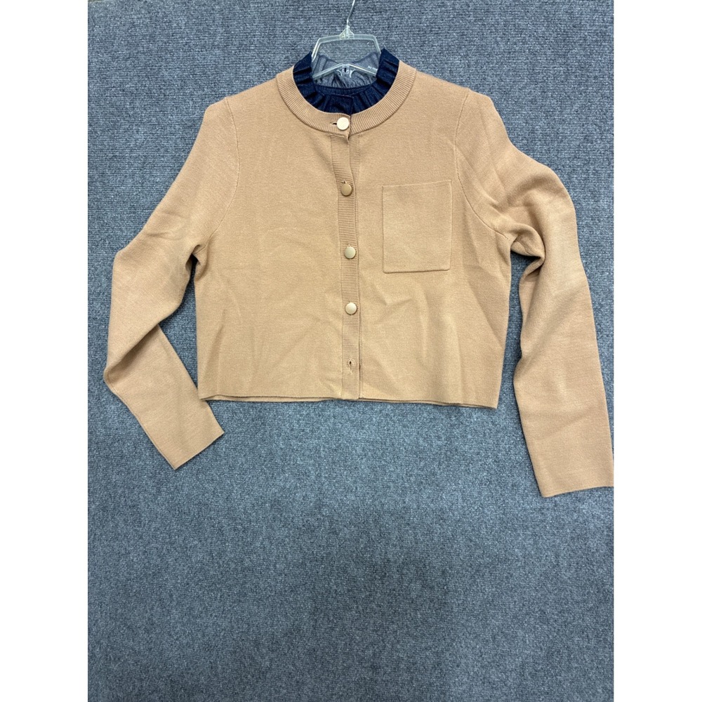 THML Ruffle Trim Cardigan Beige Denim Collar Gold Button Knit NEW Small